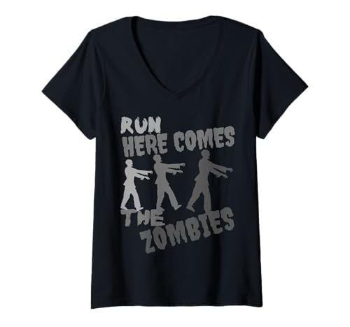 Damen Run Here Comes The Zombies Lustiges Zombie-Halloween-Kostüm T-Shirt mit V-Ausschnitt Damen Run Here Comes The Zombies Lustiges Zombie-Halloween-Kostüm T-Shirt mit V-Ausschnitt von Funny Zombie Halloween Costumes Mom Dad Boys Girls