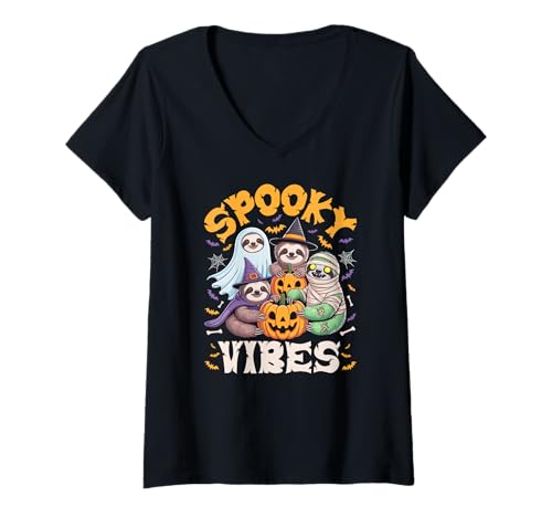 Damen Gruselige Vibes Halloween Zombie Faultier T-Shirt mit V-Ausschnitt Damen Gruselige Vibes Halloween Zombie Faultier T-Shirt mit V-Ausschnitt von Funny Zombie Sloth Costumes