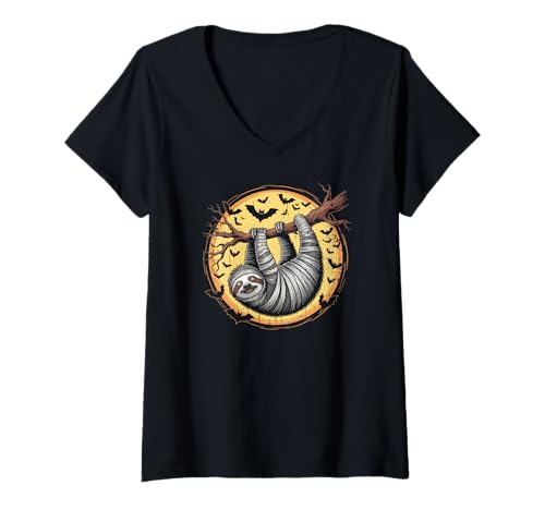 Damen Mama Faultier Mond Halloween Zombie Faultier T-Shirt mit V-Ausschnitt Damen Mama Faultier Mond Halloween Zombie Faultier T-Shirt mit V-Ausschnitt von Funny Zombie Sloth Costumes