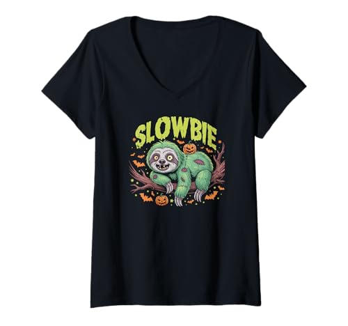 Damen Slowbie Halloween Zombie Faultier T-Shirt mit V-Ausschnitt Damen Slowbie Halloween Zombie Faultier T-Shirt mit V-Ausschnitt von Funny Zombie Sloth Costumes
