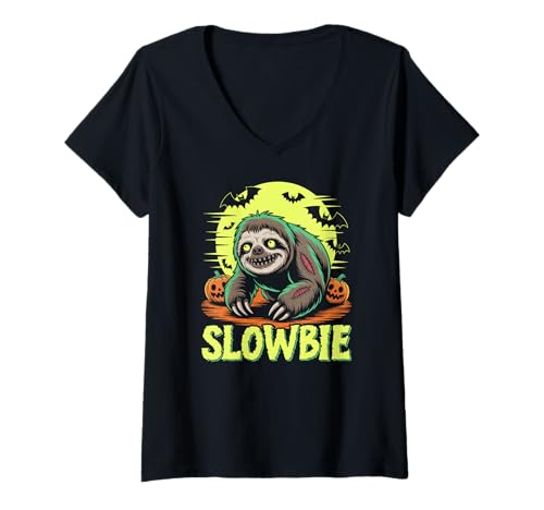 Damen Slowbie Halloween Zombie Faultier T-Shirt mit V-Ausschnitt Damen Slowbie Halloween Zombie Faultier T-Shirt mit V-Ausschnitt von Funny Zombie Sloth Costumes