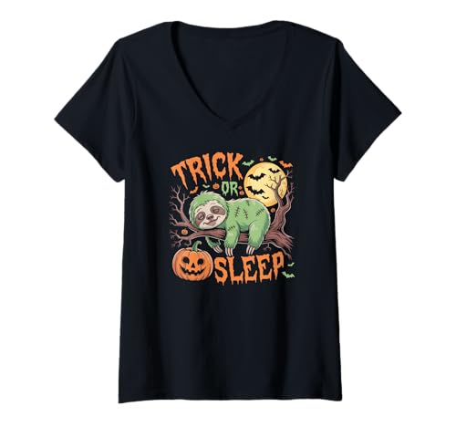 Damen Trick or Sleep Halloween Zombie Faultier T-Shirt mit V-Ausschnitt Damen Trick or Sleep Halloween Zombie Faultier T-Shirt mit V-Ausschnitt von Funny Zombie Sloth Costumes