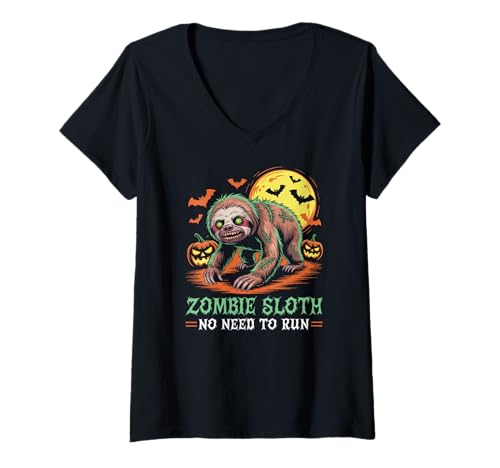 Damen Zombie Faultier No Need to Run Halloween Zombie Faultier T-Shirt mit V-Ausschnitt Damen Zombie Faultier No Need to Run Halloween Zombie Faultier T-Shirt mit V-Ausschnitt von Funny Zombie Sloth Costumes