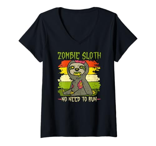 Damen Zombie Faultier No Need to Run Halloween Zombie Faultier T-Shirt mit V-Ausschnitt Damen Zombie Faultier No Need to Run Halloween Zombie Faultier T-Shirt mit V-Ausschnitt von Funny Zombie Sloth Costumes