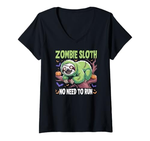 Damen Zombie Faultier No Need to Run Halloween Zombie Faultier T-Shirt mit V-Ausschnitt Damen Zombie Faultier No Need to Run Halloween Zombie Faultier T-Shirt mit V-Ausschnitt von Funny Zombie Sloth Costumes