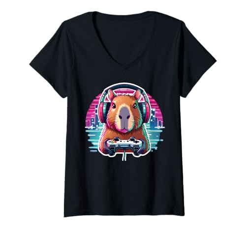 Damen Capybara Gamer – Retro-Gaming-Controller, Kopfhörer T-Shirt mit V-Ausschnitt von Funny animal kawaii