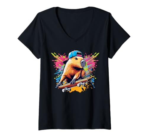 Damen Capybara Skater – Tier Nagetiere stylisch auf einem Skateboard T-Shirt mit V-Ausschnitt von Funny animal kawaii