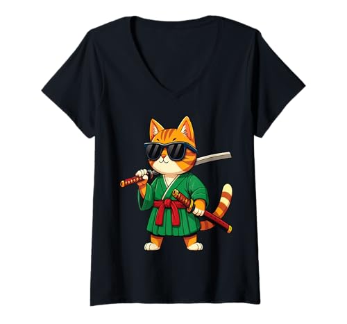 Damen Coole Samurai-Katze mit schwarzer Sonnenbrille T-Shirt mit V-Ausschnitt von Funny animal kawaii