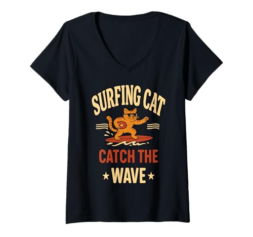 Damen Katze Surfer American Football – Design Surf Tier Lustig T-Shirt mit V-Ausschnitt von Funny animal kawaii