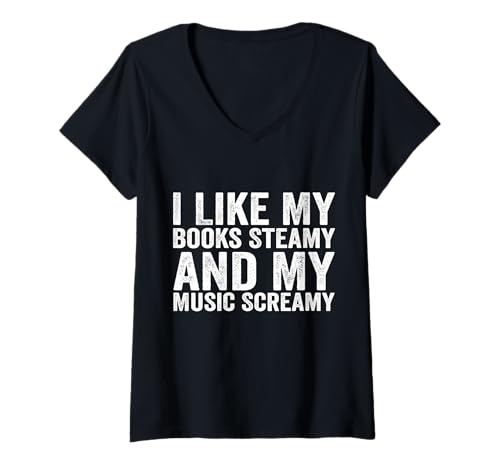 Damen Ich mag Meine Bücher Steamy und My Music Screamy Reading Lovers T-Shirt mit V-Ausschnitt von Funny bookaholic Reading Books Music Lover