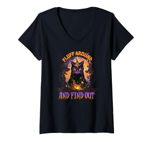 Damen Fluff Around and find Out. Cat Humor Sarcasm Funny Halloween T-Shirt mit V-Ausschnitt Damen Fluff Around and find Out. Cat Humor Sarcasm Funny Halloween T-Shirt mit V-Ausschnitt von Funny cat apparel and gifts
