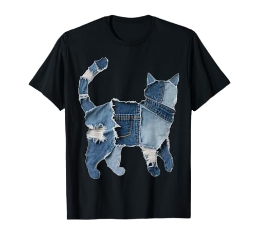 Lustiger Retro-Jeans-Patch mit Tierkatzenmuster T-Shirt Lustiger Retro-Jeans-Patch mit Tierkatzenmuster T-Shirt von Funny cat denim patch