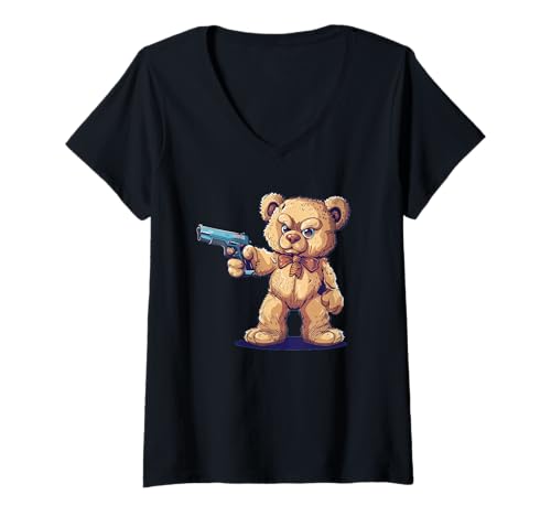 Damen Cooler erwachsener Teddybär mit Schusswaffe und Pistole in der Hand T-Shirt mit V-Ausschnitt Damen Cooler erwachsener Teddybär mit Schusswaffe und Pistole in der Hand T-Shirt mit V-Ausschnitt von Funny firearm Teddy Bear