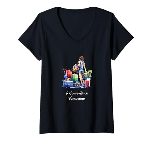 Damen Frauen am Reisen mit viel Gepäck Lustig Frau fährt in Urlaub T-Shirt mit V-Ausschnitt Damen Frauen am Reisen mit viel Gepäck Lustig Frau fährt in Urlaub T-Shirt mit V-Ausschnitt von Funny gifts for Girls