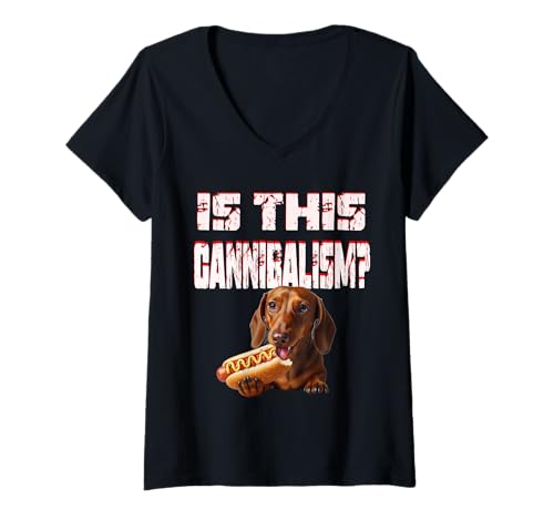 Damen ist das Kannibalismus? Dackel frisst einen Hotdog T-Shirt mit V-Ausschnitt von Funny hot dog dachshund weiner humor