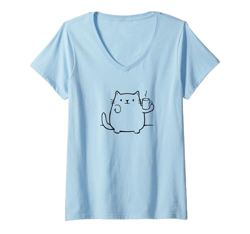 Damen Lustiges Kätzchen warmes Getränk in Tasse haltend T-Shirt mit V-Ausschnitt von Funny kittten holding mug