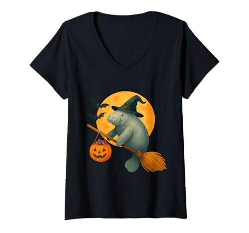 Damen Gruseliger Halloween Seekuh Hexenbesen Kürbis Mond Gruselfan T-Shirt mit V-Ausschnitt von Funny lazy Halloween manatee Halloween parties Tee