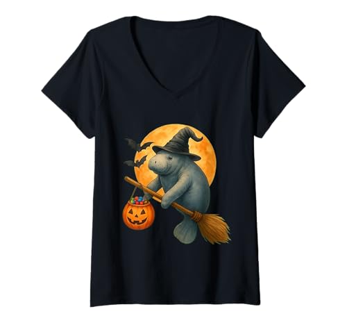 Damen Gruseliger Halloween Seekuh Hexenbesen Kürbis Mond Gruselfan T-Shirt mit V-Ausschnitt Damen Gruseliger Halloween Seekuh Hexenbesen Kürbis Mond Gruselfan T-Shirt mit V-Ausschnitt von Funny lazy Halloween manatee Halloween parties Tee