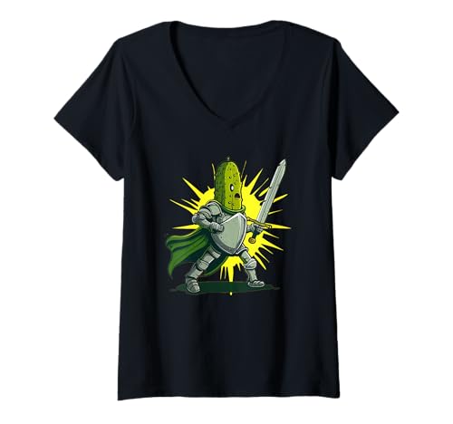 Damen Lustige Gurke mit Ritterschwert und Rüstungsanzug T-Shirt mit V-Ausschnitt Damen Lustige Gurke mit Ritterschwert und Rüstungsanzug T-Shirt mit V-Ausschnitt von Funny medieval Pickle Knight
