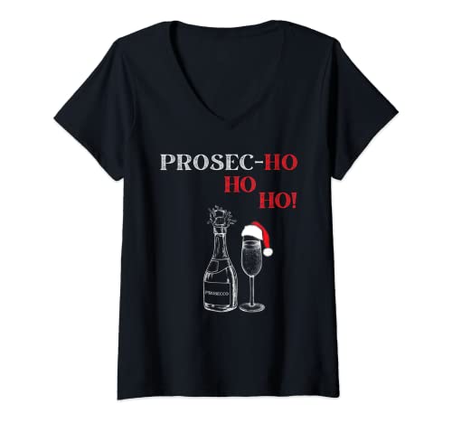 Damen Prosec- ho Prosecco Champagnergläser Weihnachtsmannmütze T-Shirt mit V-Ausschnitt von Funny new year designs