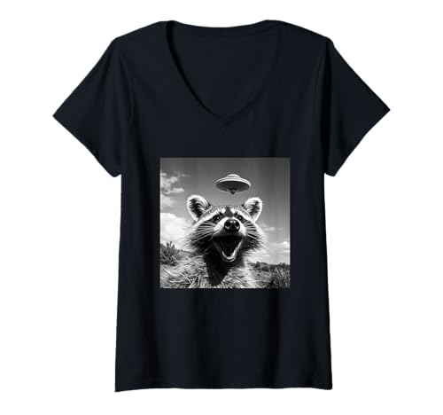 Damen Lustiges grafisches Waschbär-Selfie mit UFOs seltsamem Tier T-Shirt mit V-Ausschnitt Damen Lustiges grafisches Waschbär-Selfie mit UFOs seltsamem Tier T-Shirt mit V-Ausschnitt von Funny racoon Ufo Tee team