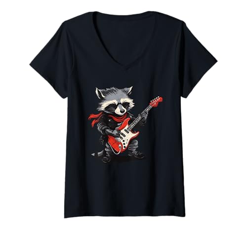 Damen Waschbär Rockmusik T-Shirt mit V-Ausschnitt Damen Waschbär Rockmusik T-Shirt mit V-Ausschnitt von Funny racoon music love