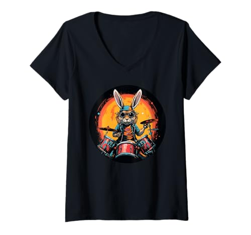 Damen Rockmusik Osterhasen Kostüm für Jungen und Mädchen T-Shirt mit V-Ausschnitt Damen Rockmusik Osterhasen Kostüm für Jungen und Mädchen T-Shirt mit V-Ausschnitt von Funny rock'n roll Easter bunny