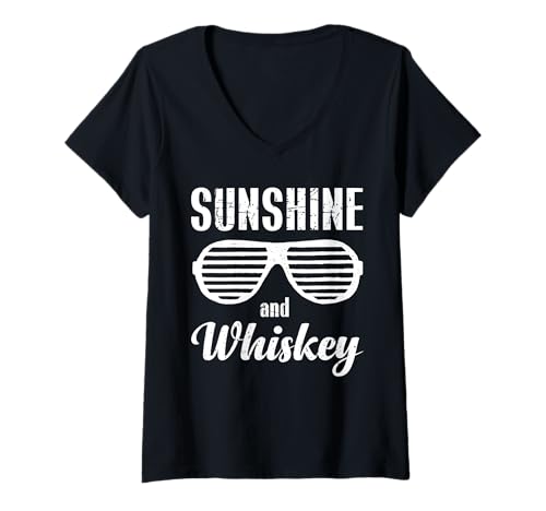 Damen Lustiges Strand-Sommer-Design im Vintage-Look mit Sonnenschein und Whiskey T-Shirt mit V-Ausschnitt von Funny saying sarcastic Summer vacation Tees