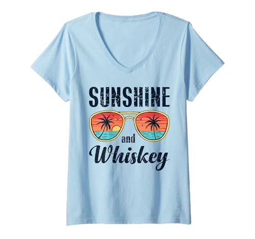 Damen Lustiges Strand-Sommer-Design im Vintage-Look mit Sonnenschein und Whiskey T-Shirt mit V-Ausschnitt von Funny saying sarcastic Summer vacation Tees