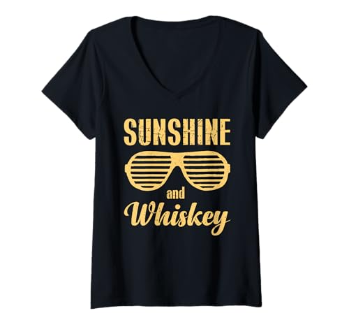 Damen Lustiges Strand-Sommer-Design im Vintage-Look mit Sonnenschein und Whiskey T-Shirt mit V-Ausschnitt von Funny saying sarcastic Summer vacation Tees