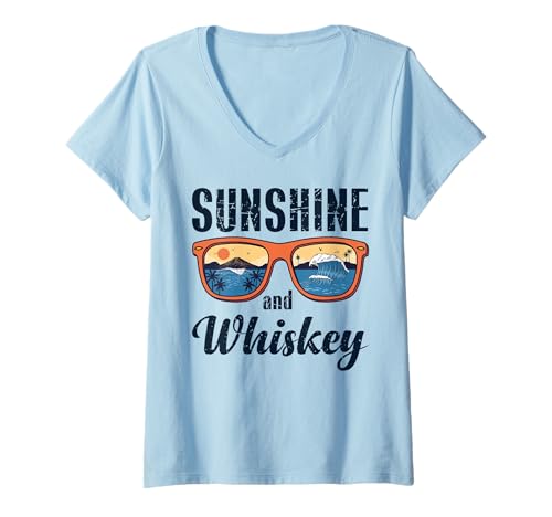 Damen Lustiges Strand-Sommer-Design im Vintage-Look mit Sonnenschein und Whiskey T-Shirt mit V-Ausschnitt von Funny saying sarcastic Summer vacation Tees
