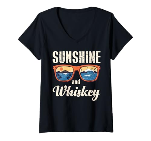 Damen Lustiges Strand-Sommer-Design im Vintage-Look mit Sonnenschein und Whiskey T-Shirt mit V-Ausschnitt von Funny saying sarcastic Summer vacation Tees