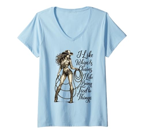 Damen Ich mag Peitschen und Ketten Ich mag es, an Dinge gebunden zu Sein T-Shirt mit V-Ausschnitt Damen Ich mag Peitschen und Ketten Ich mag es, an Dinge gebunden zu Sein T-Shirt mit V-Ausschnitt von Funny trendy shirt