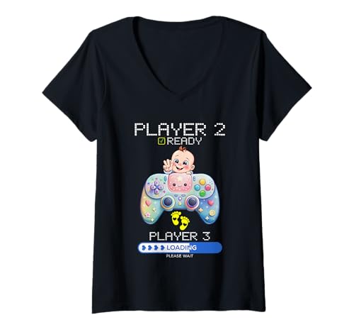 Damen Player 2 Player 3 Loading _ Gaming Style _ Baby Ankündigung T-Shirt mit V-Ausschnitt von Funny & Cool Designs for Moms & Dads Gamers