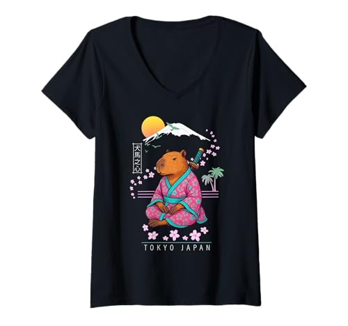 Damen Capybara T-Shirt mit V-Ausschnitt von Funny & Cute Animal Artworks