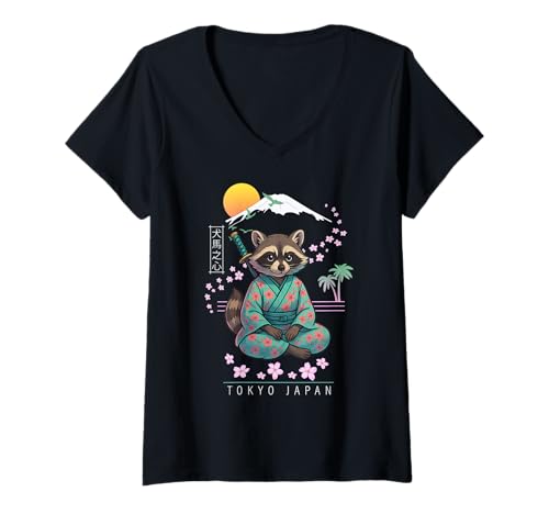 Damen Waschbär T-Shirt mit V-Ausschnitt von Funny & Cute Animal Artworks