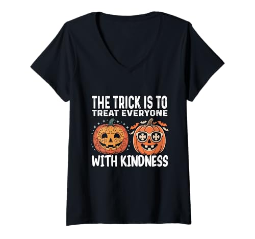 Damen Der Trick besteht Darin, jeden mit Freundlichkeit und Achtsamkeit zu behandeln T-Shirt mit V-Ausschnitt Damen Der Trick besteht Darin, jeden mit Freundlichkeit und Achtsamkeit zu behandeln T-Shirt mit V-Ausschnitt von Funny vintage Kindness Autism Awareness Halloween