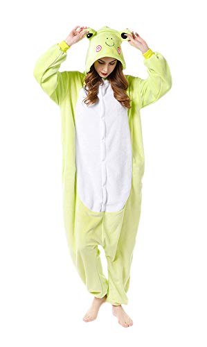 FunnyCos Unisex Tier-Onesie Erwachsene Halloween Pyjama Cosplay Kostüm mit Kapuze Loungewear Gr. L(Höjd 168-177 cm), Hellgrüner Frosch von FunnyCos