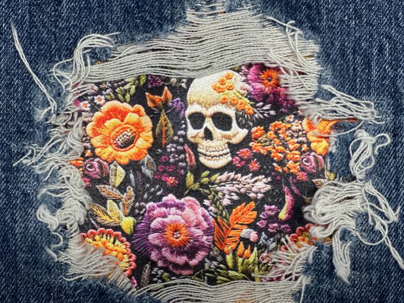 Totenkopf Und Blumen Peek A Boo Flicken Refashioned Jeans Patch Knieflicken von FunnyPatches