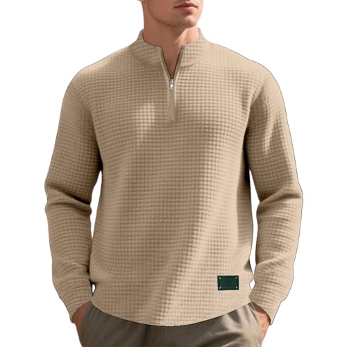 Funnyrap Herren Pullover 1/4 Zip Up Sweatshirt Strickpullover Langarm Knitted Sweater Einfarbig Basic Sweatpullover Casual Waffel Mock Neck Strickpulli Leichter Arbeitspullover Warm Winterpullover von Funnyrap