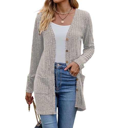 Funnyrap Strickjacke Damen Elegant Langarm Knopfleiste mit Taschen Strickcardigan Locker V-Ausschnitt Sweater Leicht Gerippt Cardigan mit Knöpfe Weiche Jacke Casual Schulterjacke Top Funnyrap Strickjacke Damen Elegant Langarm Knopfleiste mit Taschen Strickcardigan Locker V-Ausschnitt Sweater Leicht Gerippt Cardigan mit Knöpfe Weiche Jacke Casual Schulterjacke Top von Funnyrap