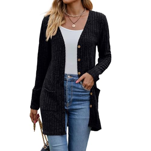 Funnyrap Strickjacke Damen Elegant Langarm Knopfleiste mit Taschen Strickcardigan Locker V-Ausschnitt Sweater Leicht Gerippt Cardigan mit Knöpfe Weiche Jacke Casual Schulterjacke Top von Funnyrap