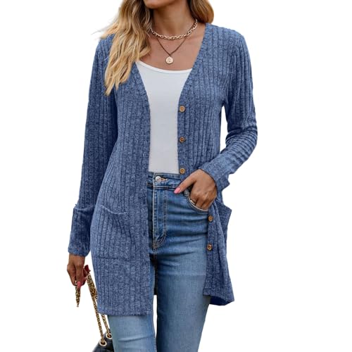 Funnyrap Strickjacke Damen Elegant Langarm Knopfleiste mit Taschen Strickcardigan Locker V-Ausschnitt Sweater Leicht Gerippt Cardigan mit Knöpfe Weiche Jacke Casual Schulterjacke Top von Funnyrap