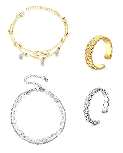 Funseedrr 4-5stk Zehenring Knöchel Kette Set Edelstahl Offene Fingerringe Verstellbarer Fußring Fußkettchen Fußschmuck von Funseedrr
