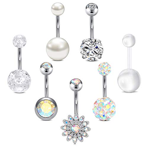 Funseedrr 7stk Bauchnabelpiercing Nabelpiercing 10mm 14G Edelstahl Nabel Banane Piercing Set mit CZ Opal Damen Mädchen von Funseedrr