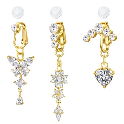 Funseedrr Fake Bauchnabelpiercing Clip Nabel Faux Piercing bauchnabel für Frauen CZ mit Anhänger Blumen Herz Schmetterling von Funseedrr