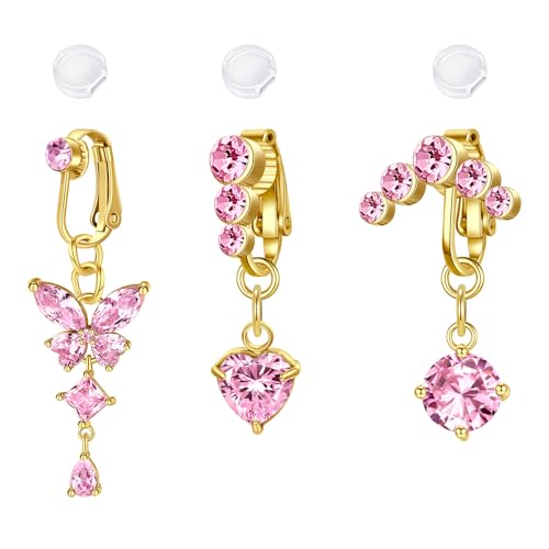 Funseedrr Fake Bauchnabelpiercing Clip Nabel Faux Piercing bauchnabel für Frauen CZ mit Anhänger Blumen Herz Schmetterling von Funseedrr
