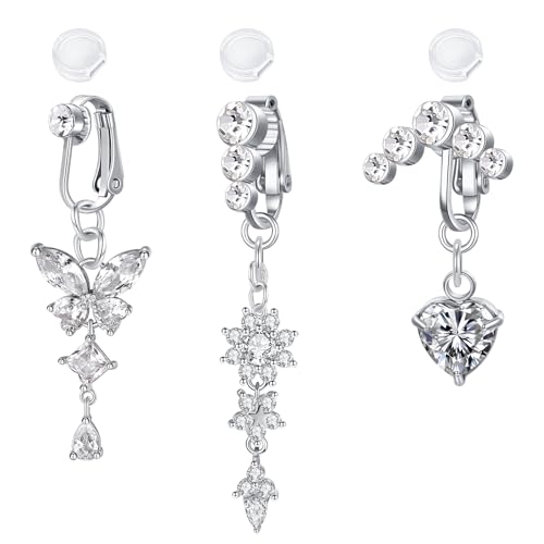 Funseedrr Fake Bauchnabelpiercing Clip Nabel Faux Piercing bauchnabel für Frauen CZ mit Anhänger Blumen Herz Schmetterling von Funseedrr