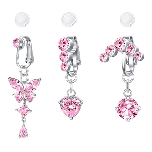 Funseedrr Fake Bauchnabelpiercing Clip Nabel Faux Piercing bauchnabel für Frauen CZ mit Anhänger Blumen Herz Schmetterling von Funseedrr