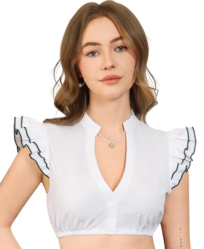 Funspread Dirndl Bluse Damen Weiß - Dirndlbluse Kurzarm DirndlBlusen V Ausschnitt Trachtenbluse Grün 36 von Funspread